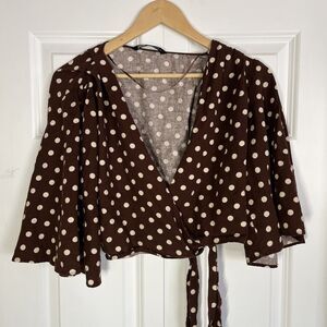 Zara Women's Polka Dot Crop Top Brown And White Tie Wrap Size Medium